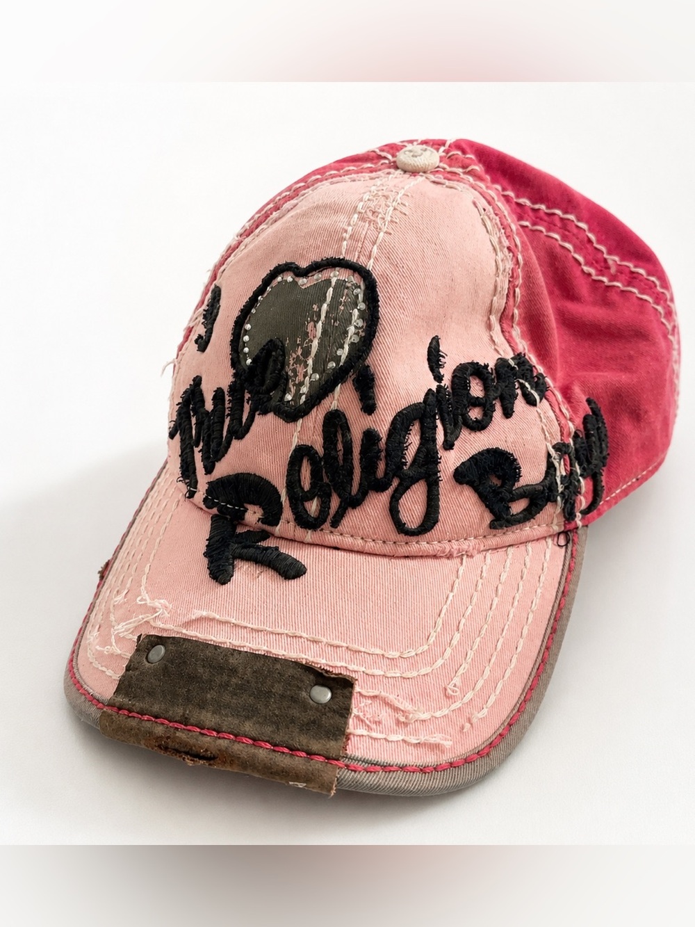 True Religion Y2K Pink Distressed Rhinestone Heart Baseball Cap Hat